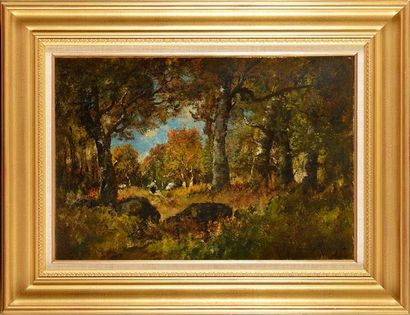 null Camille MAGNUS (1850-1877) Fagotière en forêt de Fontainebleau Huile sur toile...