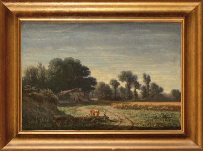 null Adolphe POTTER (1835-1911) Paysanne et sa vache au champ de blé Huile sur toile...