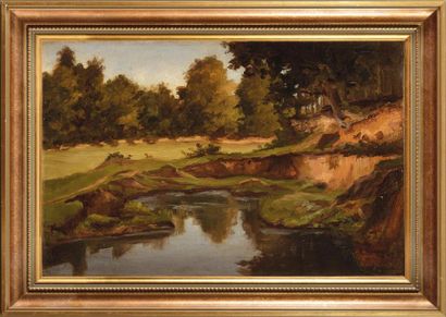 null Louis Adolphe HERVIER (1818-1879) Paysage à la mare Huile sur papier marouflé...