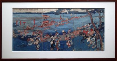 null JAPON Estampe polychrome XIXème siècle 35 x 72 cm (à vue) (traces de pliures...