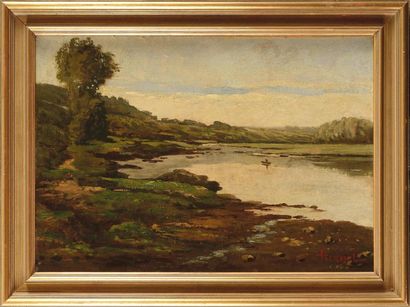 null Auguste GRASSET (1829-circa 1884) Paysage à l'aven Huile sur toile Signée en...