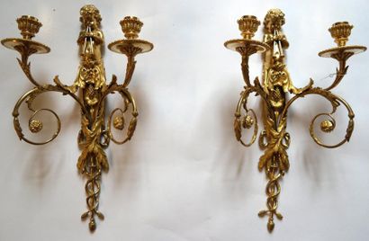 null Importante PAIRE D'APPLIQUES en bronze doré et ciselé à deux bras de lumières,...