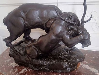 null Antoine-Louis BARYE (1796-1875) Panthère saisissant un cerf Bronze à patine...