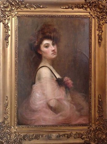 null Joseph KUHN-REGNIER (1873-1940) Elégante à la robe rose Huile sur papier marouflé...