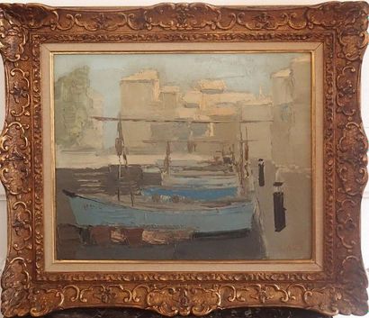null Pierre PALUE (1920-2005) Barques à quai Huile sur toile signée en bas à droite...