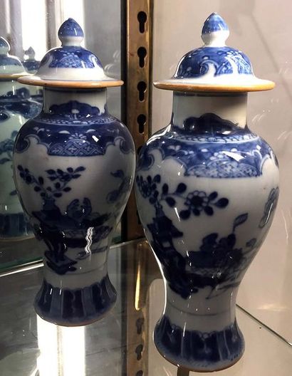 null CHINE Paire de potiches couvertes en porcelaine bleu blanc à décor de fleurs....