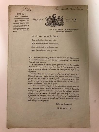 null Jean-Baptiste Bernadotte. 1799. Affiche concernant les militaires invalides...