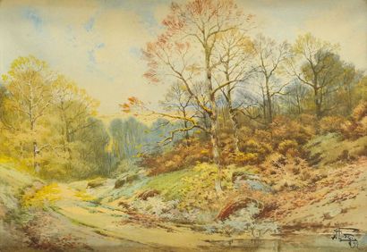 null Hippolyte Jean Adam GIDE (1852-1921) Paysages forestiers Paire d'aquarelles...