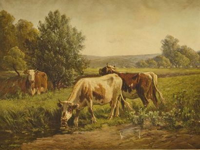 null Andrés CORTES Y AGUILAR (1812-1879) Vaches au pré Huile sur toile Signée en...