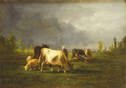 null Andrés CORTES Y AGUILAR (1812-1879) Bergère et son troupeau Huile sur toile...