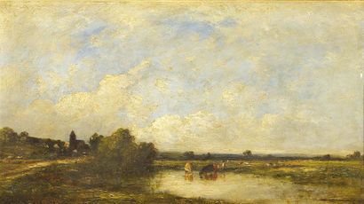 null Léon Victor DUPRÉ (1816-1879) Paysage au bord de l'Oise Huile sur panneau Signé...