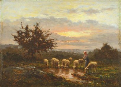 null Jean Ferdinand CHAIGNEAU (1830-1906) Bergère et son troupeau Huile sur panneau...