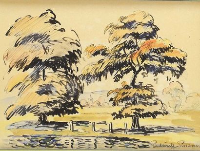 null Paul Émile PISSARRO (1884-1972) Les deux arbres près de la mare Aquarelle, crayon...