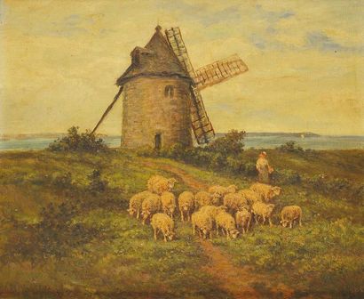 null James DESVARREUX-LARPENTEUR(1847-1937) Troupeau devant le moulin Huile sur toile...