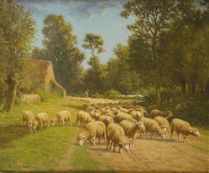 null Charles CLAIR (1860-1930) Le départ du troupeau Huile sur toile Signée en bas...