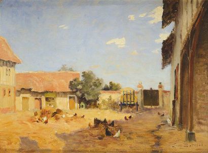 null Ernest BAILLET (1853-1902) Poules dans une cour de ferme Huile sur panneau Signé...