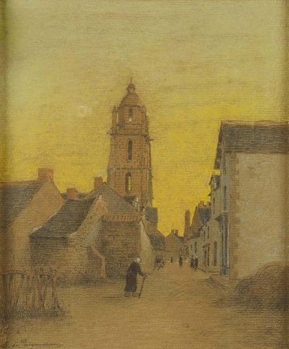 null Ferdinand Loyen DU PUIGAUDEAU (1864-1930) Clocher au crépuscule Pastel et crayon...