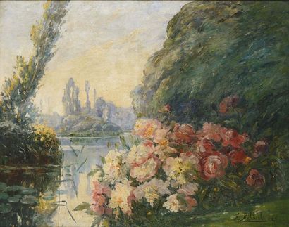 null Fernand RIBBROL (XXème siècle) Fleurs au bord de l'étang Huile sur toile Signée...