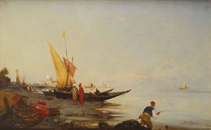 null Paul BISTAGNE (1850-1886) Pêcheurs sur les bords du Bosphore Huile sur toile...
