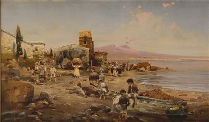 null Robert ALLOT (1850-1910) Village de pêcheurs près du Vésuve Huile sur toile...