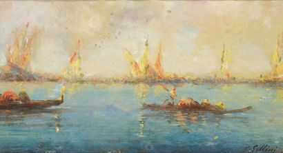 null P. GILLINI (XIXème-XXème siècles) La lagune à Venise Huile sur carton Signé...