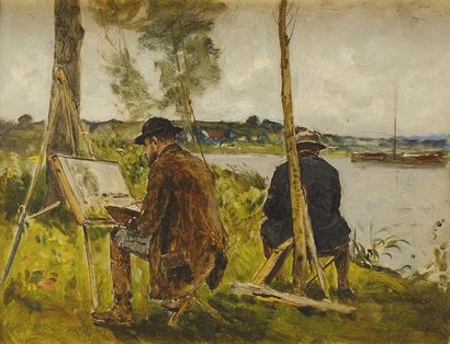null Paul Emile LECOMTE (1877-1950) Peintres en bord de Seine Huile sur carton Cachet...