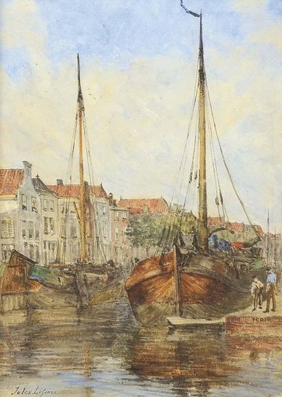 null Jules LESSORE (1849-1892) Port de pêche en Europe du Nord Aquarelle et rehauts...
