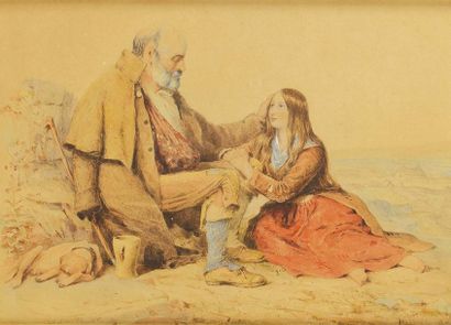 null Robert Richard SCANLAN (c.1801-1876) Mendiant et jeune fille Aquarelle Signée...