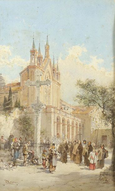 null Emmanuel COSTA (1833-1921) Le monastère de Cimiez, Nice Aquarelle Signée en...