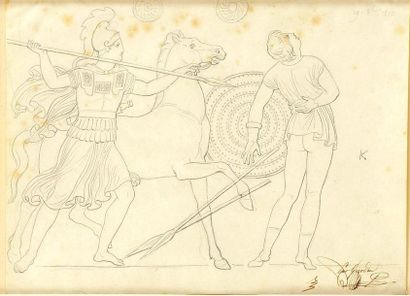 null GIRODET DE ROUCY-TRIOSON (1767-1824) Guerriers grecs Crayon noir Annoté en haut...