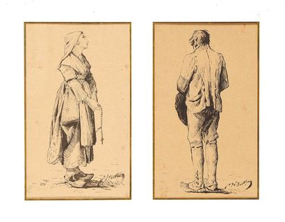 null Nicolas BERTHON (1831-1888) Etudes de paysans en prière Deux dessins à l'encre...