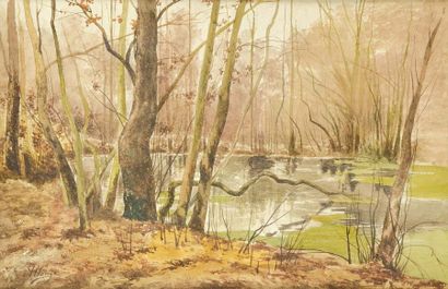 null Auguste ALLONGÉ (1833-1898) Paysage à l'étang Aquarelle Signée en bas à gauche...