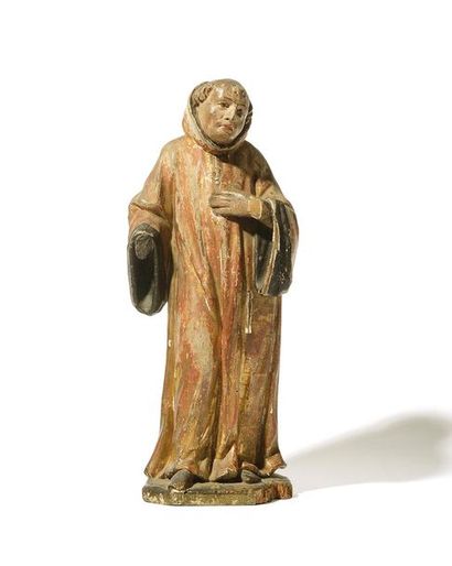 null SAINT MOINE en bois sculpté, polychromé et doré. XVIe siècle Hauteur : 28 cm...