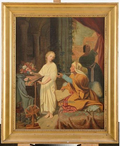 null ECOLE FRANCAISE 1864, J. M. *** L'apprentissage de la tapisserie Sur sa toile...
