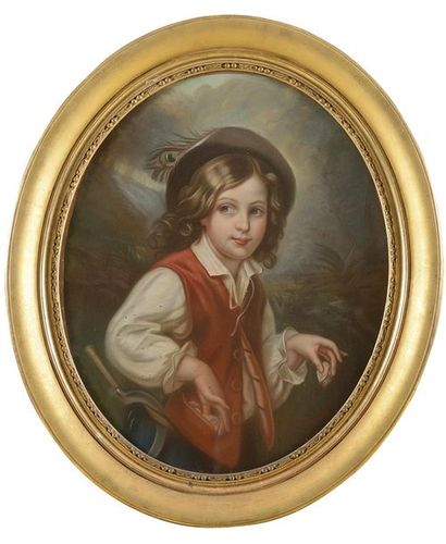 null Marie HUET (XIXe siècle) Portrait de jeune garçon, dans le goût du XVIIIe siècle...
