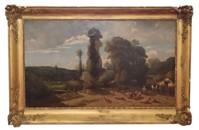 Camille FLERS (1802-1868) Paysage animé à la chaumière 

Huile sur toile 

Signée...