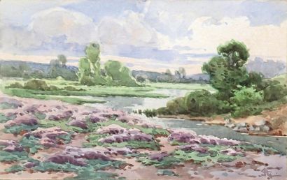 Hippolyte Jean Adam GIDE (1852-1921) Paysage au champ de bruyère 

Aquarelle 

Monogrammée...