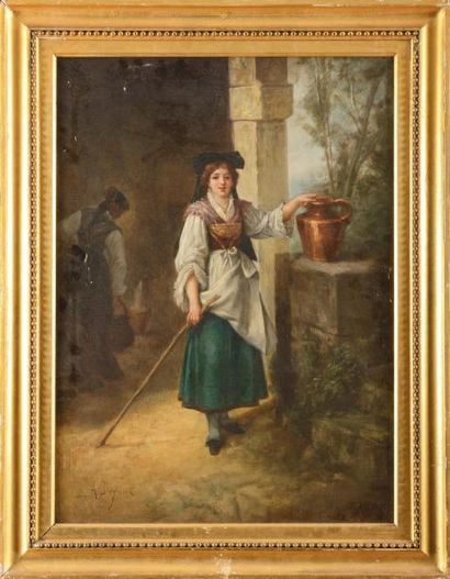 ECOLE FRANCAISE DU XIXème siècle Jeune paysanne 

Huile sur toile 

Signée en bas...