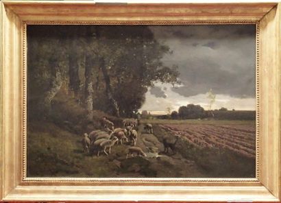 Alexandre DEFAUX (1826-1900) Berger et son troupeau 

Huile sur toile 

Signée en...