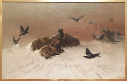 August Friedrich SCHENCK (1828-1901) Troupeau de moutons et corbeaux dans un paysage...