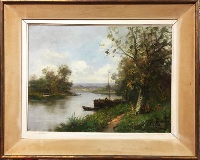 E. MORIZOT (XIX-XXème siècles) Péniche à la rivière 

Huile sur toile 

Signée en...