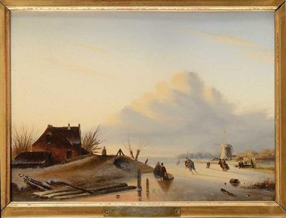 Andreas SCHELFHOUT (1787-1870) Patineurs sur un canal gelé 

Huile sur panneau 

Signé...