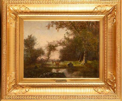KARL BODMER (1809-1893) Biches à la mare 

Huile sur toile 

Signée en bas à gauche...