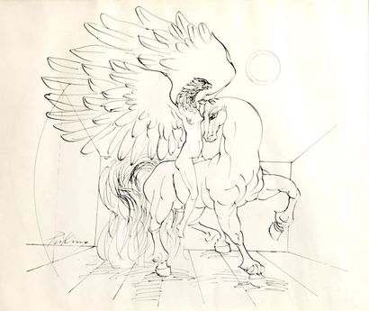 null FRANZ PRIKING (1929-1979) Femme ailée à tête d’aigle sur un cheval Paire de...