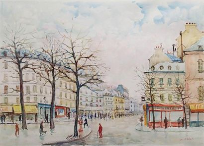 null CHARLES FÉOLA (1917-1994) Grands boulevards Aquarelle Signée en bas à droite...