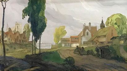 null GEORGES DE FEURE (1868-1943) Paysage au chemin Gouache Signée en bas à droite...