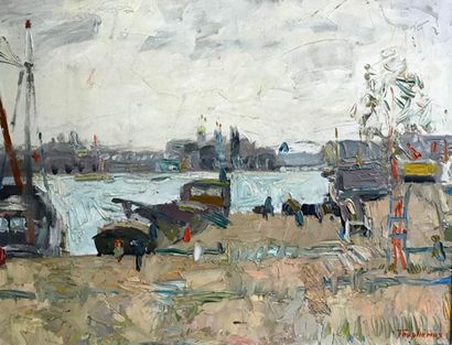 null JACQUES TRUPHEMUS (1922-2017) Péniches au quai, Amsterdam Huile sur toile signée...