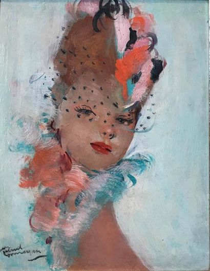 null JEAN GABRIEL DOMERGUE (1882-1962) Portrait d’une élégante à la voilette Huile...
