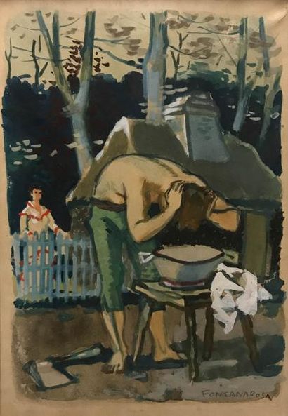 null LUCIEN FERDINAND FONTANAROSA (1912-1975) Jeune garçon à la toilette Aquarelle...