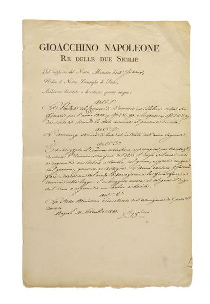 null MURAT (Joachim). Pièce signée « J. Napoleon », en italien, en qualité de roi...